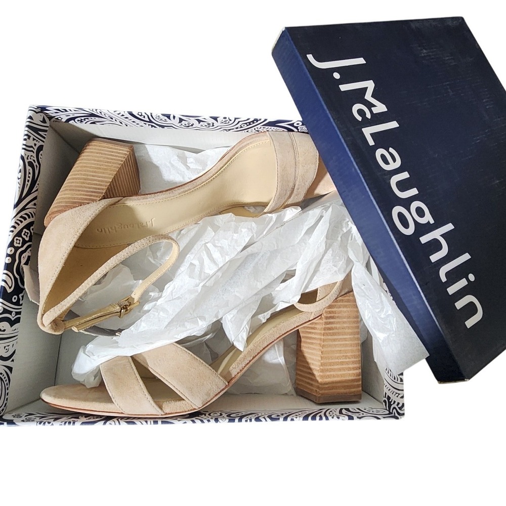 J McLaughlin Shauna Solid Suede Block Heel Ankle Strap Sandals Women US 11 Beige